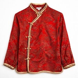 Red Brocade Chinese Jacket Mandarin Collar Frog VTG Peony Cosplay Boho Floral